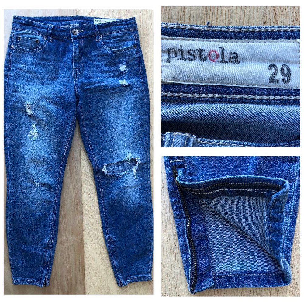 PISTOLA Women’s Destructed Medium Wash Mid Rise Zipper Hem STRETCHY Jeans 29